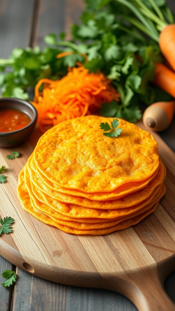 A stack of carrot tortillas on a cutting board with grated carrots and herbs, ready for filling.
